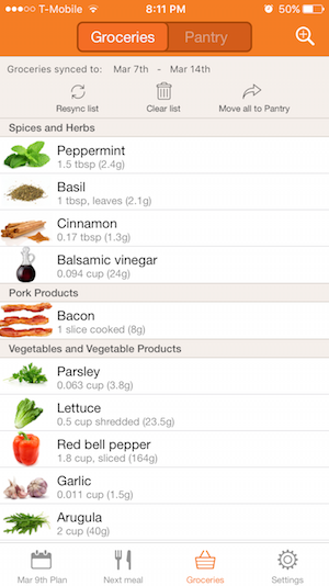 Eat This Much Mobile App Meal Screen