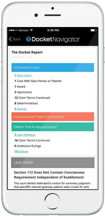 Docket Navigator Mobile App Report Screen