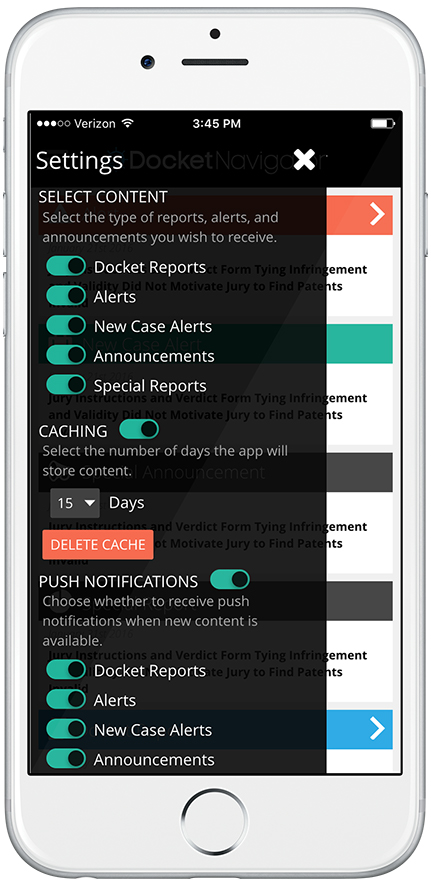 Docket Navigator Mobile App Tray Options Screen