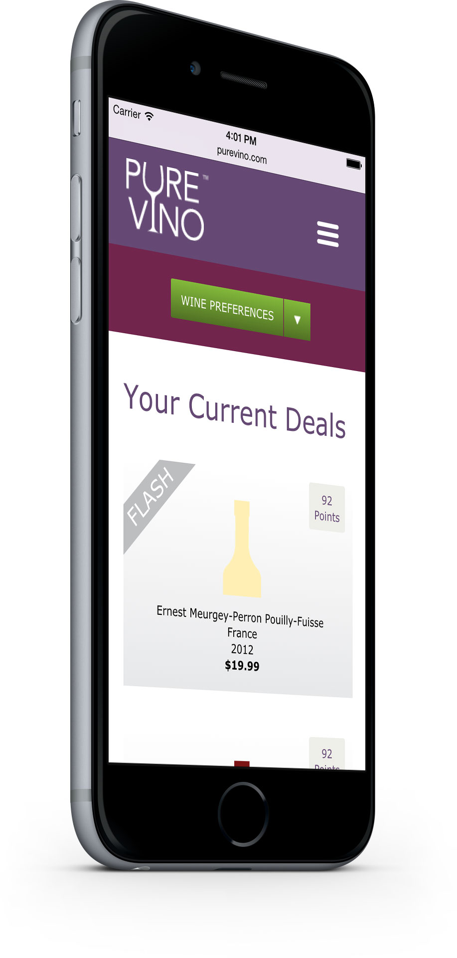 Pure Vino - Current Deals Page - on mobile