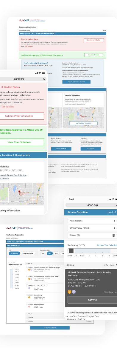 A collection of screenshots from the AANP web application.
