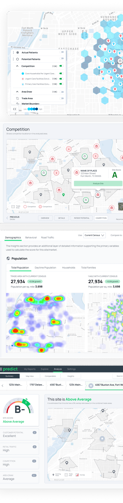 Buxton Predict screenshots of customer heatmaps and site scores