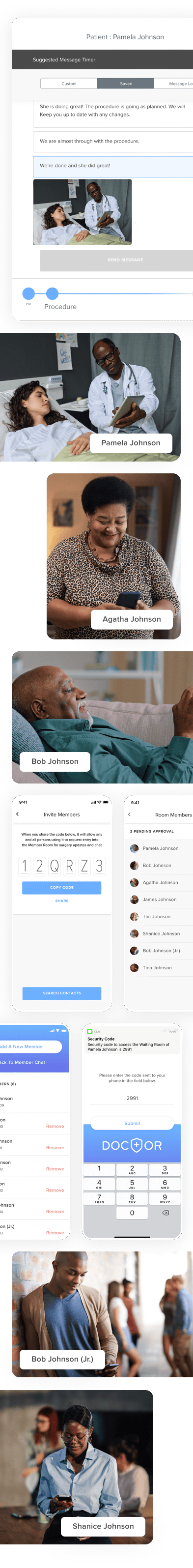 A series of screenshots from the Doc Clocker app showing the OR communication features.