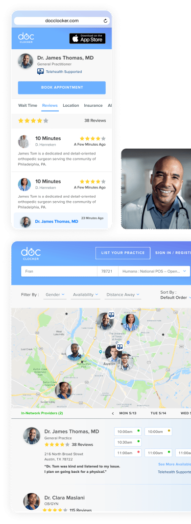 Doc Clocker screenshots for appointment booking.