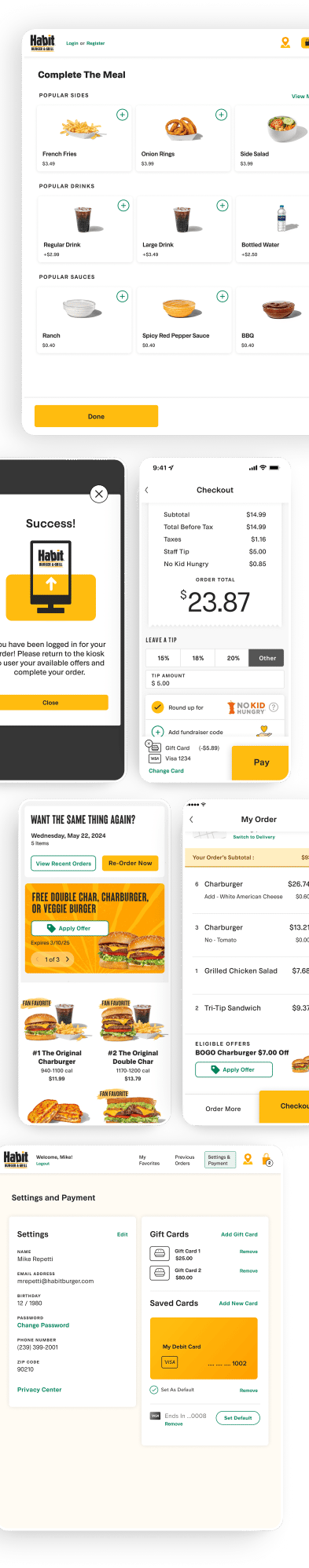 Collection of screenshots from the Habit web, mobile, and kiosk applications.