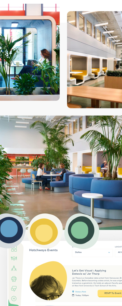 A series of photos and screenshots showing the workspace's digital integrations.