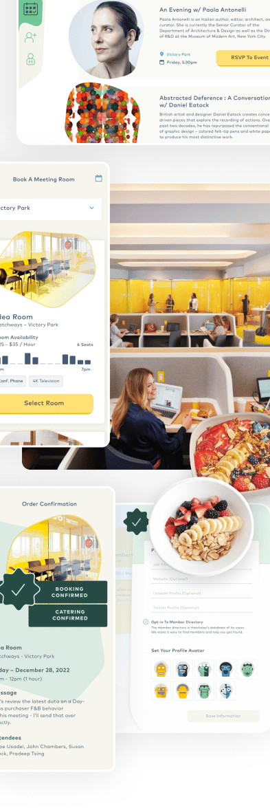 A series of photos and screenshots showing the workspace's digital integrations.
