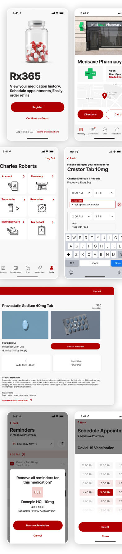 A series of screenshots from the Rx365 web and mobile applications.