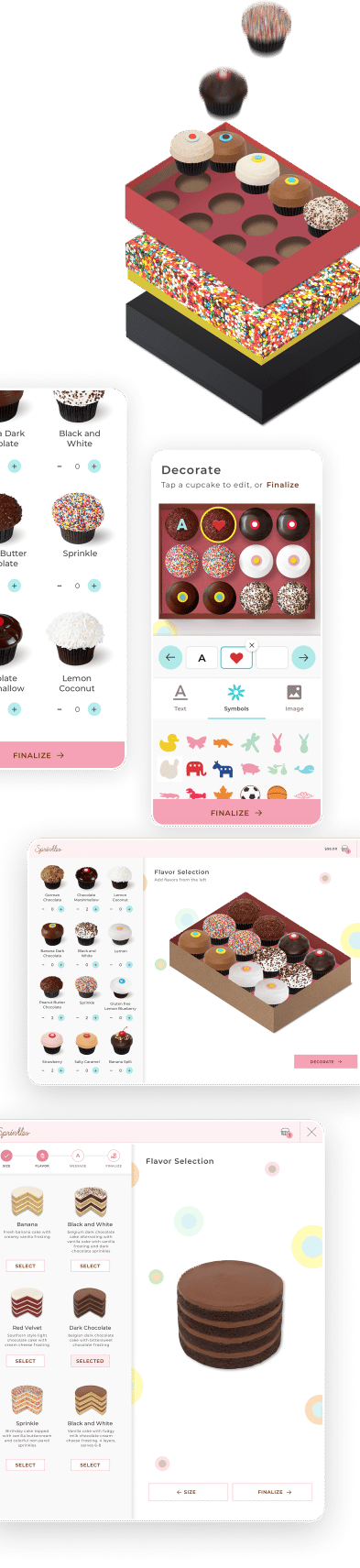 A collection of screenshots from the Sprinkles web ordering application.