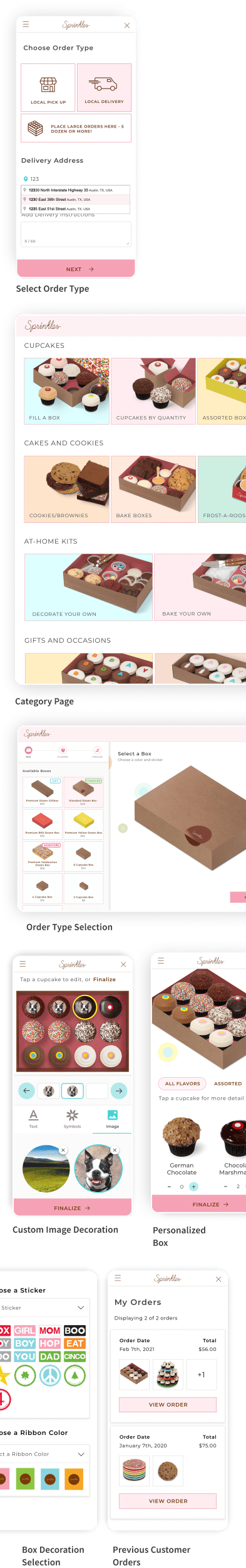 A collection of screenshots from the Sprinkles web application.