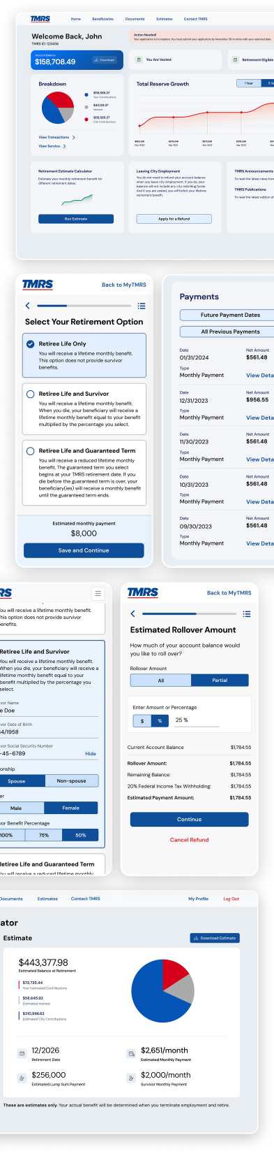A series of screenshots from the MyTMRS web application.