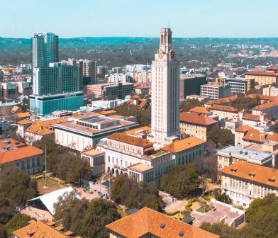 A drone photograph of the University of Texas campus.