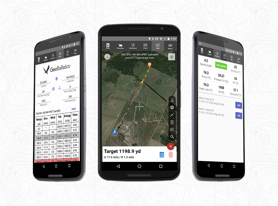 Screenshots of the Geoballistics React Native Mobile App