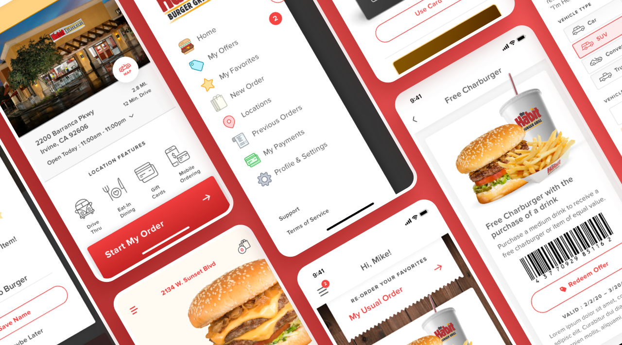 Several screenshots from the Habit Burger Mobile App